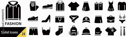 Fashion clothing black and white solid icon set featuring various apparel items like hoodies pants shirts dresses skirts footwear accessories and seasonal garments for men women kids collection