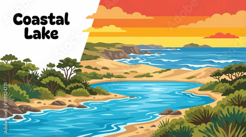 cartoon coastal lake lies near the ocean shoreline vector illustration, merging freshwater calm with marine elements to create a unique and visually rich coastal landscape composition