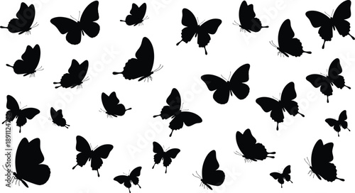 Black butterfly silhouettes scattered on white background
