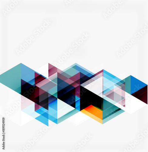 Abstract geometric shapes overlap, creating dynamic visual texture. Cool blues dominate with orange accent. Minimalist design.