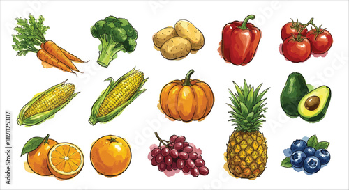 Hand-drawn watercolor vegetables and fruits illustration collection, isolated on white background