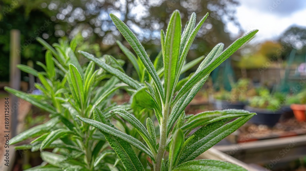 Obraz premium Close-up view of fresh green rosemary sprigs glistening with morning dew in a garden setting