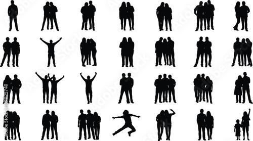 People silhouette collection in different poses, couples and groups standing together, friendship and family concept, black shadow figures isolated on white background