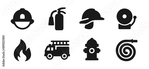 Firefighter and safety icons related to fire fighting, emergency services and fire protection including helmet, extinguisher, fire truck, hydrant and hose