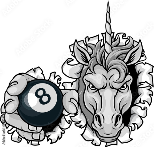 Unicorn horse stallion angry pool billiards sports team mascot holding a ball.