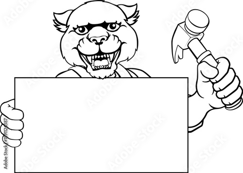 A panther handyman or carpenter cartoon construction man mascot character holding a hammer tool