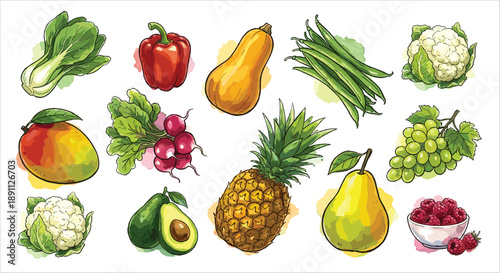 Hand-drawn watercolor vegetables and fruits illustration collection, isolated on white background