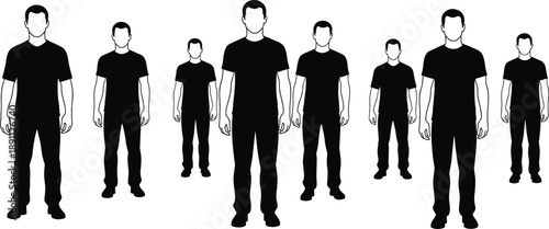 Male silhouettes standing front view different body sizes perspective scale comparison human figures collection isolated on white background diversity proportion illustration