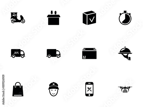 Set of Black Delivery and Logistics Icons for Food Service Apps