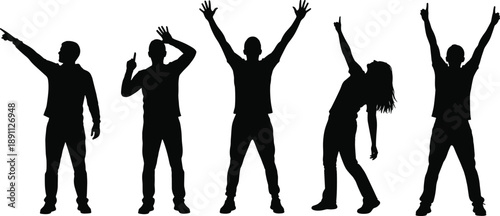 People pointing and celebrating silhouette poses set showing happy success gesture body language male female characters isolated on white background vector illustration collection