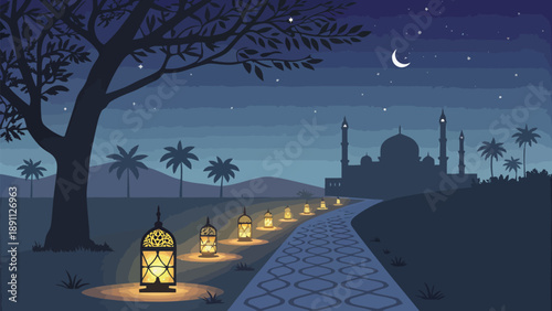 Glowing lanterns line pathway to mosque silhouette at dusk with crescent moon and palm trees in serene night landscape