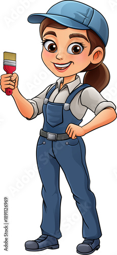 A woman female painter decorator holding a paintbrush tool builder construction cartoon character mascot.
