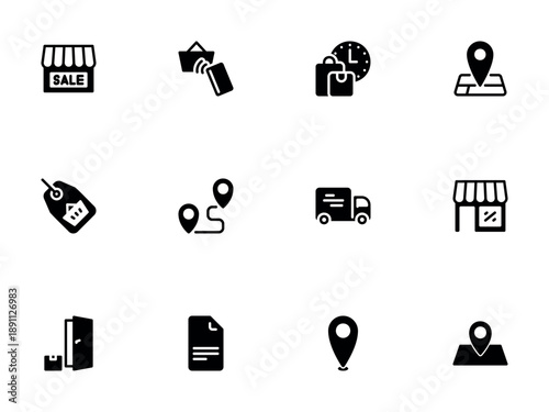 Set of Black Retail and Delivery Icons for E commerce Apps