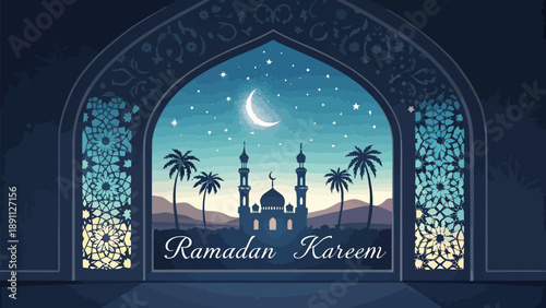 Islamic window arch with mosque ramadan kareem greeting night sky crescent moon palm trees and mountains
