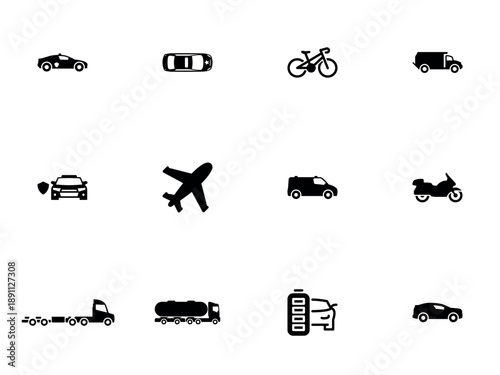Monochrome Silhouette Collection of Diverse Transportation Vehicles and Modes