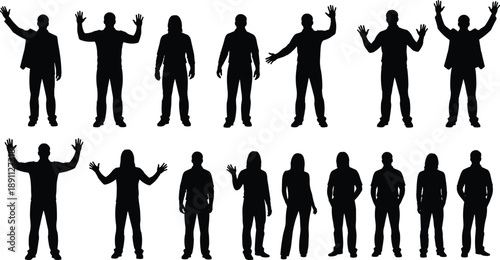 People silhouette set showing raised hands greeting waving stop gesture male and female standing poses isolated on white background vector illustration collection