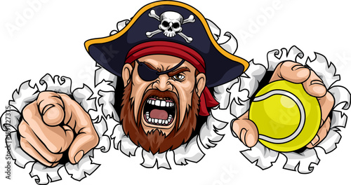 A Pirate man holding Tennis ball and pointing sports team cartoon charcater mascot illustration.