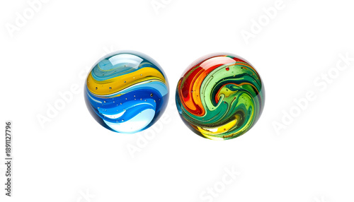 Two colorful marbles against a black background, with swirling, translucent patterns