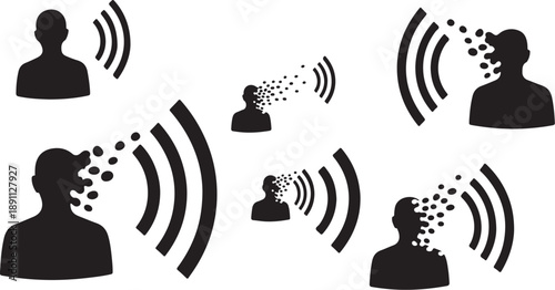 Communication icons with sound waves and human silhouettes