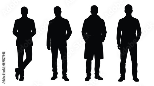 Four silhouetted figures of men standing in a row showcasing varying attire