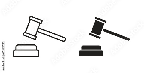 Gavel icon outline and solid filled version representing judge's hammer for justice law court auction or decision making authority symbol