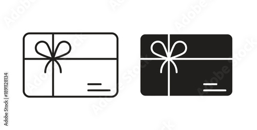 Gift card icons, outline and filled versions, depicting presents, rewards and special offers for celebrations, shopping and marketing promotions