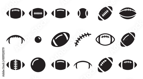 Group of black sports ball icons, including American footballs, a tennis ball, and rugby balls. Realistic and stylized depictions for athletic and game-related designs.