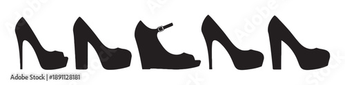 Group of elegant black silhouette high heel shoe icons representing various styles: peep toe, platform, wedge, and classic pumps, ideal for fashion and footwear design.