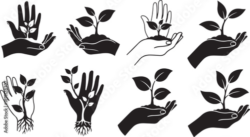 Hands nurturing plants growth and care illustrations set