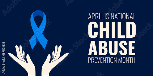Child Abuse. Vector illustrration of blue Ribbon in hands and National Child Abuse prevention month bold message. Perfect horizontal Child Abuse banner isolated blue background. EPS 10