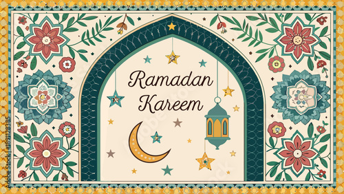 Ramadan kareem decorative islamic frame with crescent moon star lantern floral pattern