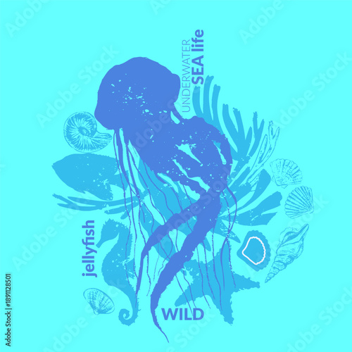 Wallpaper Mural Vector sea animals background. Jelly fish with shells, seaweed, starfish, seahorse, coral fish, corals silhouettes. Torontodigital.ca