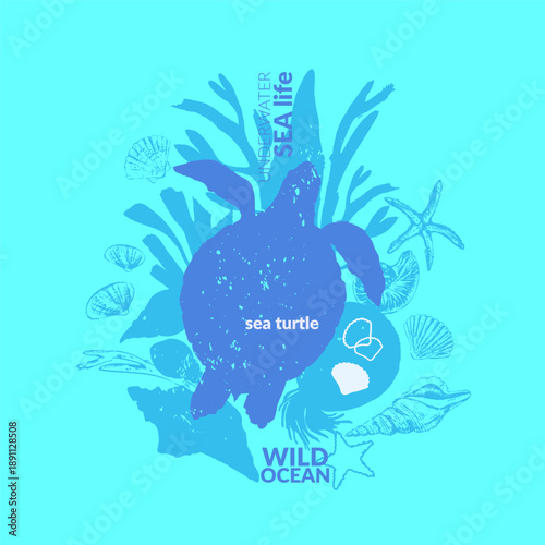 Vector sea life background. Sea turtle with shells, seaweed, starfish, jellyfish, coral fish, nautilus, corals silhouettes.