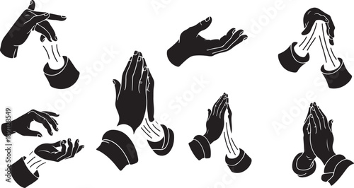 Various Hand Gestures in Black and White Illustrations