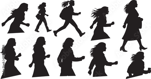 Silhouettes of women and girls in various walking poses