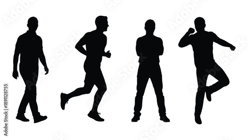Four silhouettes depicting different stages of human movement and activity