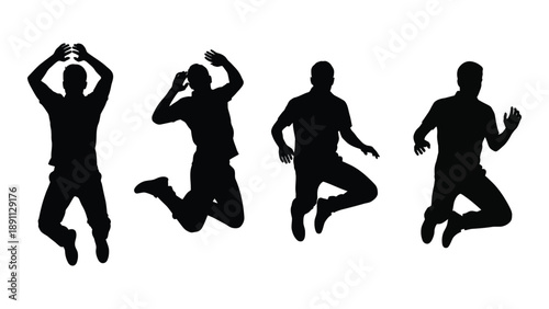 Silhouettes of people jumping in varying dynamic poses depicted in black