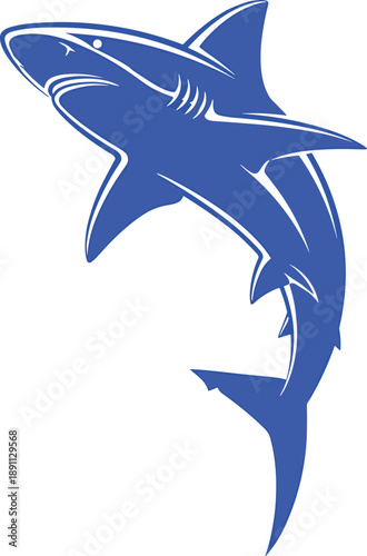Blue shark logo vector, jumping shark silhouette, marine animal illustration, aggressive fish mascot design, isolated flat icon