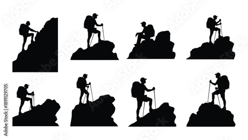 Silhouette illustrations depict hikers ascending rocky terrain in various poses