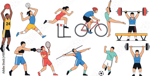 Diverse collection of professional athletes performing various Olympic and popular sports