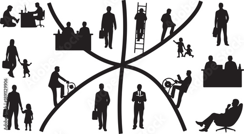 Silhouettes of people in various work and life situations