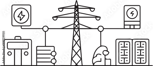 Electrical power transmission infrastructure with tower, wires, and substation equipment in a landscape view