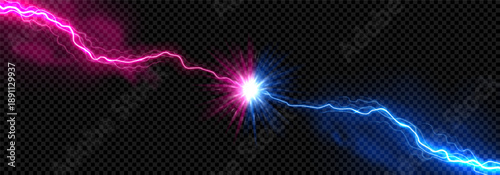 Pink and blue lightning bolts collision. Vector illustration of realistic shock burst flash and color fog on dark checkered background, perfect for versus themes, gaming, and sports banners.
