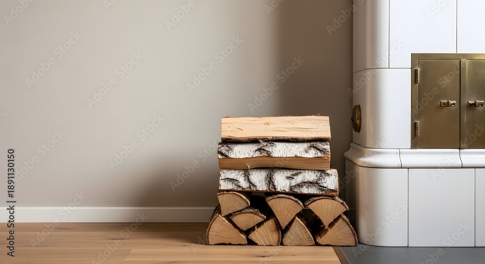 Fototapeta premium Birch wood logs neatly stacked beside a traditional white tiled stove, creating a cozy home and warmth concept