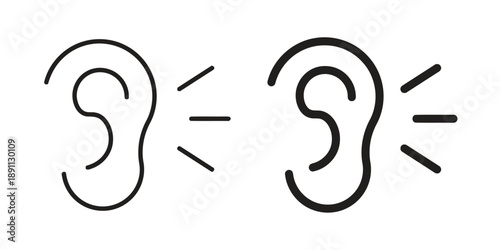 Hearing ears listening concept with sound waves icons in outline and solid black fill symbolizing audio reception sound perception and attentive listening simple vector graphic