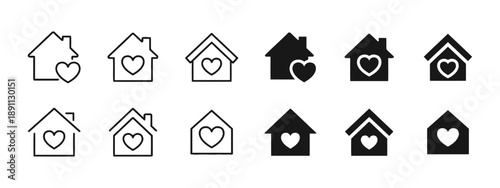 House with heart icon set representing home love care and family shelter including diverse styles of house silhouettes with heart shapes for non profit organizations charity and community support