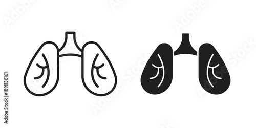 Human lungs icon, depicted in line drawing and solid black silhouette, symbolizing respiration, health, and medical science, ideal for healthcare and educational materials