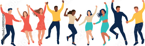 Large group of diverse happy people jumping together in celebration