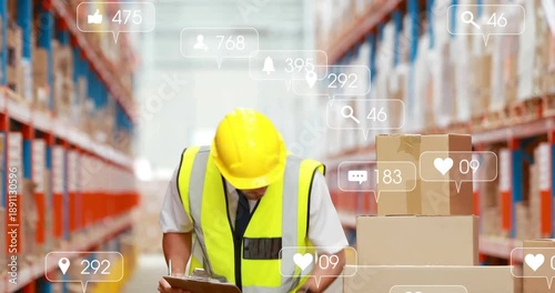 Warehouse inspector entering aisle inspecting cartons and noting stock on clipboard with data icons