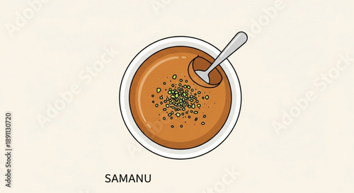 Traditional samanu dessert in a bowl with a spoon garnished with green herbs simple line art illustration warm lighting beige background